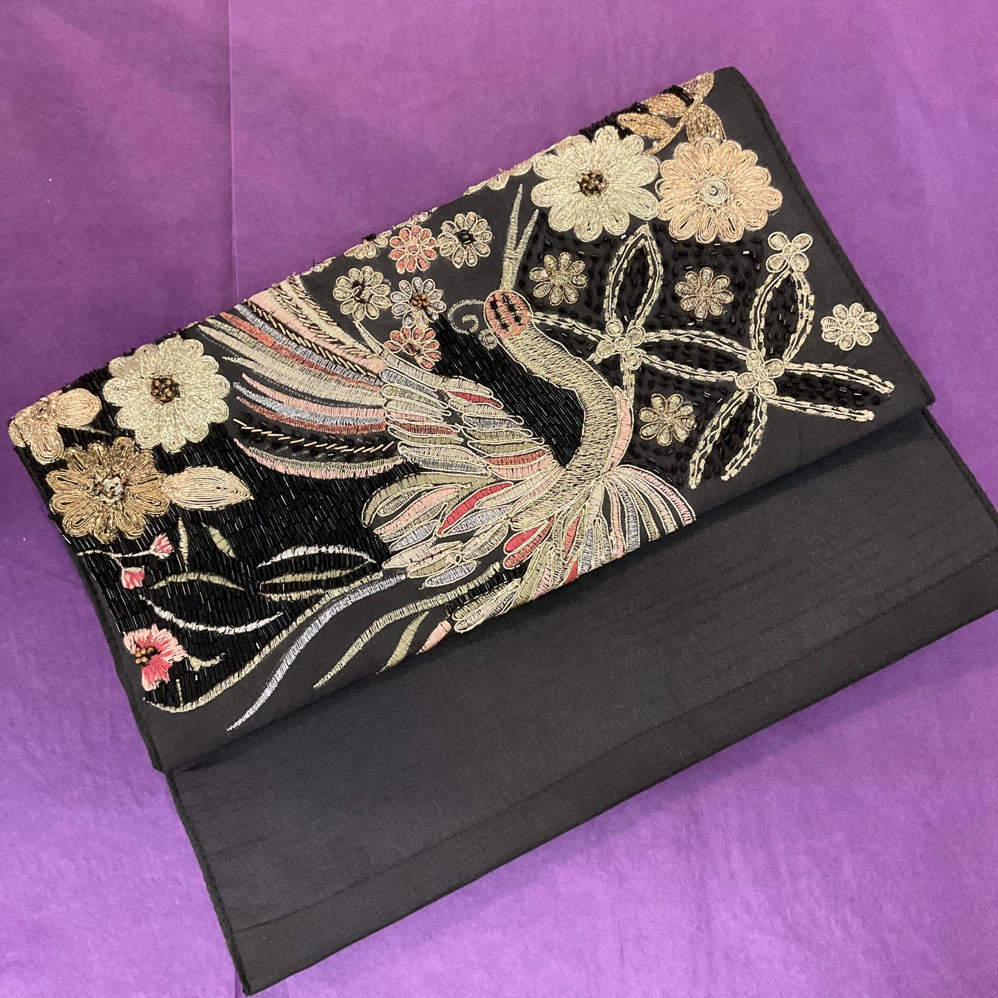 Vintage Extra Large Black Dupion Silk ‘ Bird of Paradise’ Embroidered and Beaded Evening Clutch Bag, Formal Event