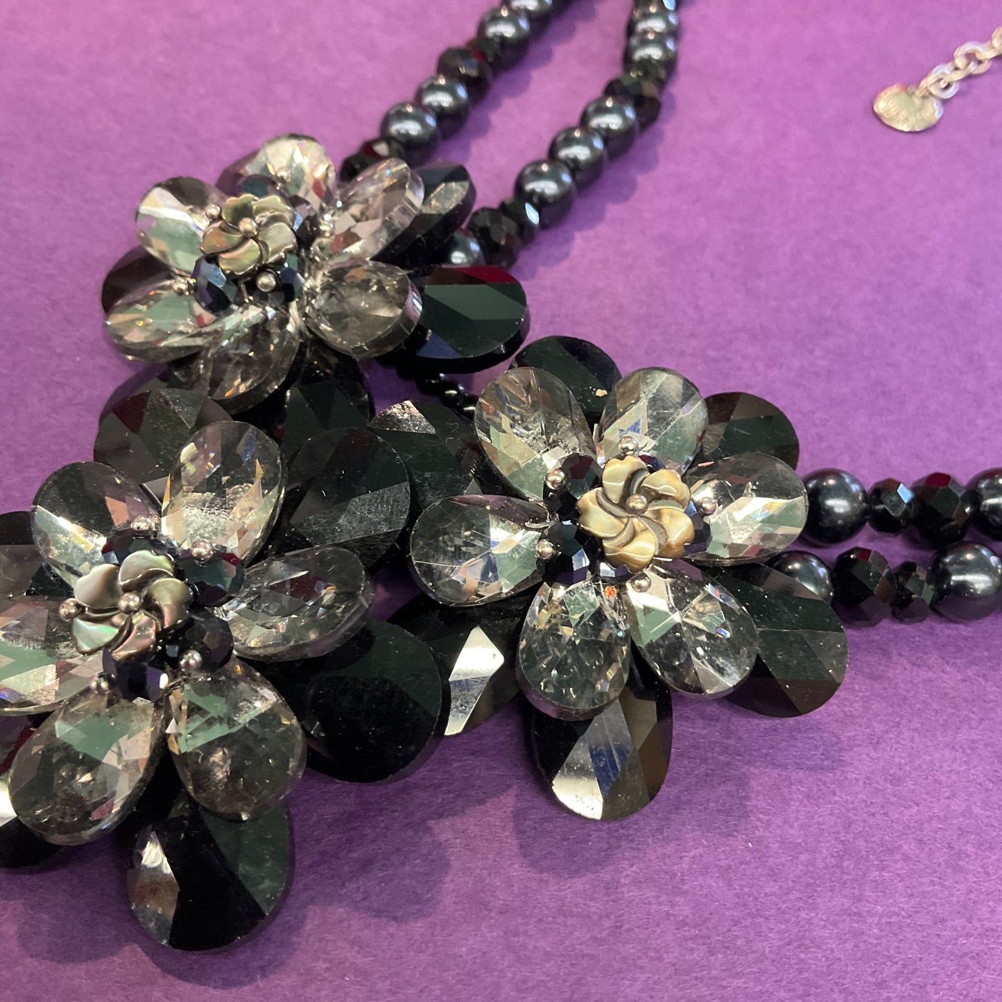 Vintage Butler and Wilson Black crystal and faux pearl flower garland necklace, signed, in original box, prom, wedding, gift.