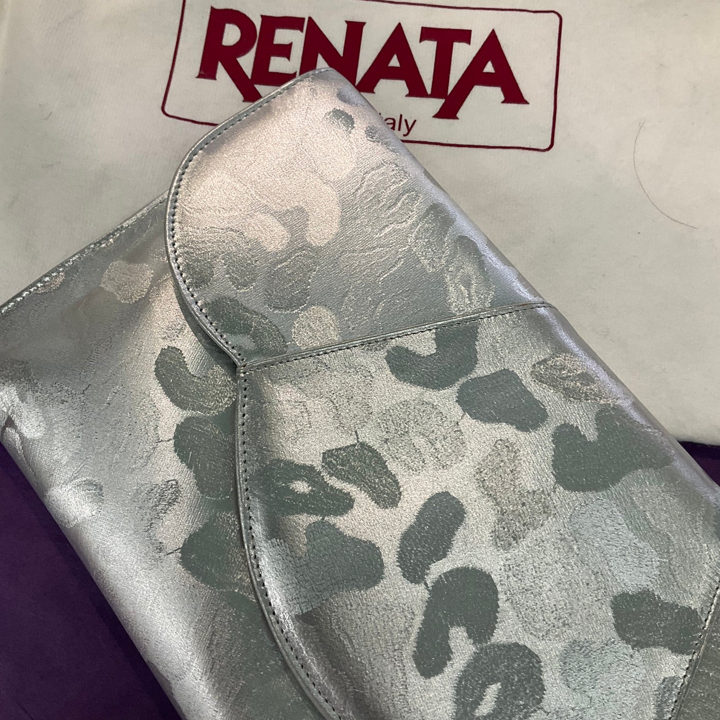 Vintage 1980s Italian RENATA Silver Faux Leather Abstract Leopard Print Clutch Bag, Rarely used in Original Box, Wedding, Formal Event