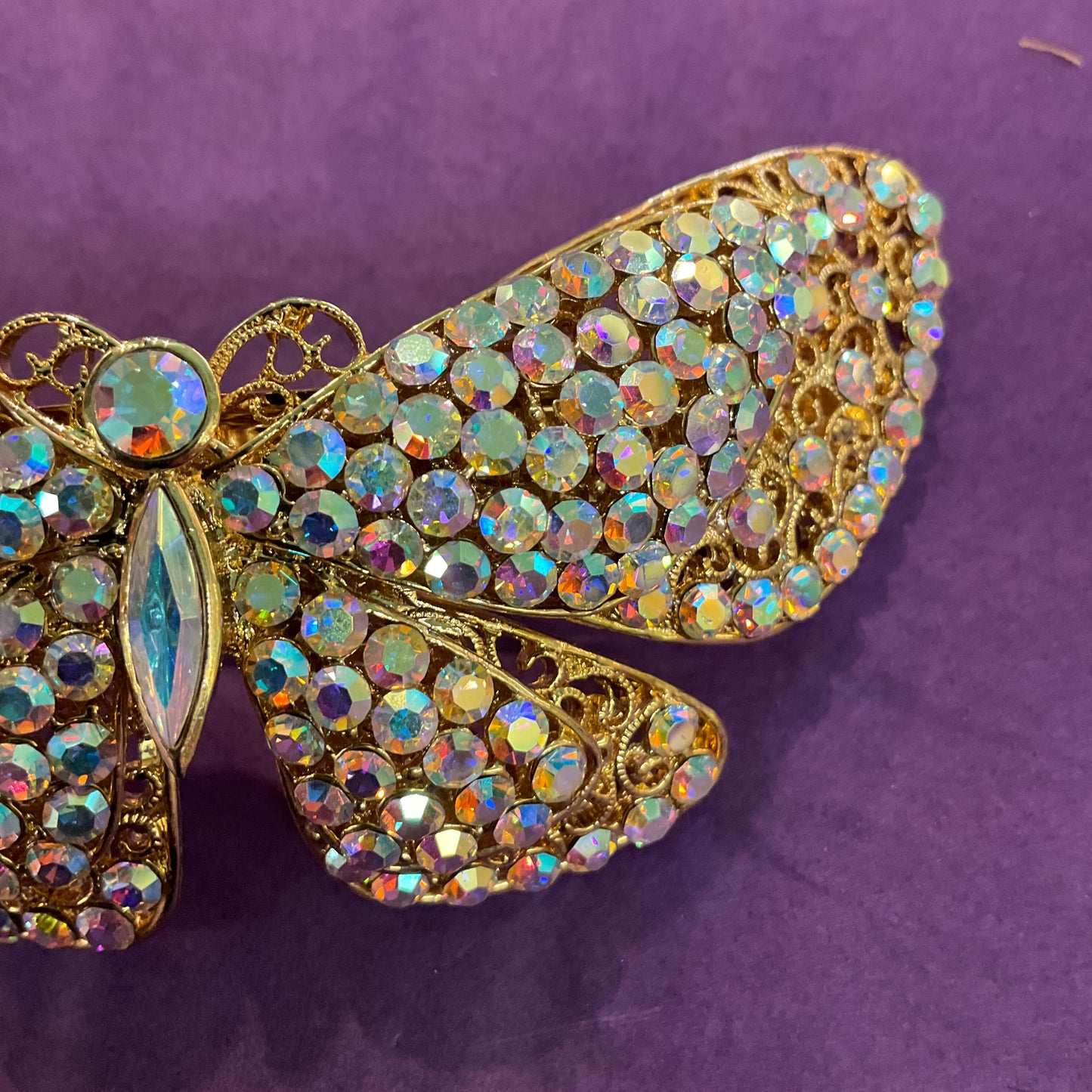 Vintage Butler and Wilson Gold Tone & Aurora Borealis Crystal Large Butterfly Barette/ Hair Clip, signed in original box, wedding, festival