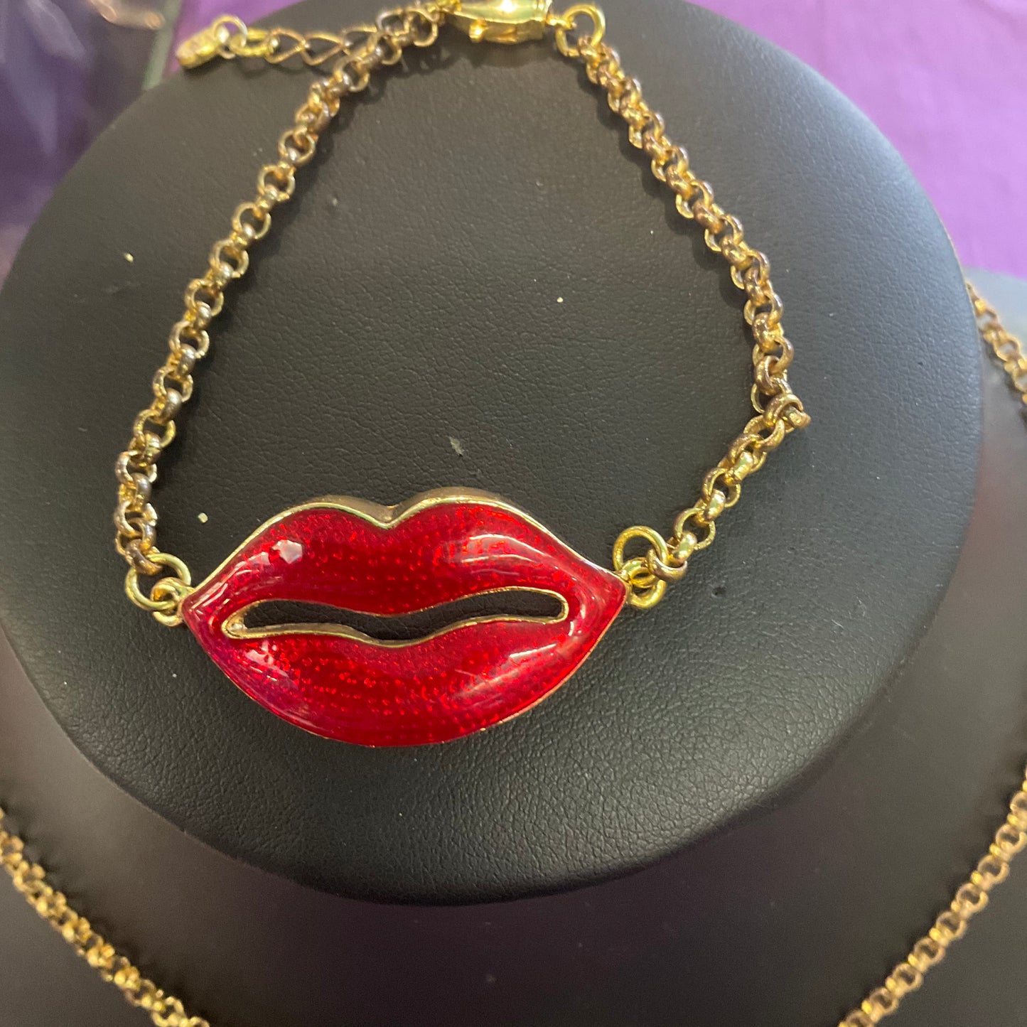 Vintage Butler and Wilson Red Lips Crystal Enamel Necklace and Bracelet Set, signed , as new , gifts for them , birthday, festival