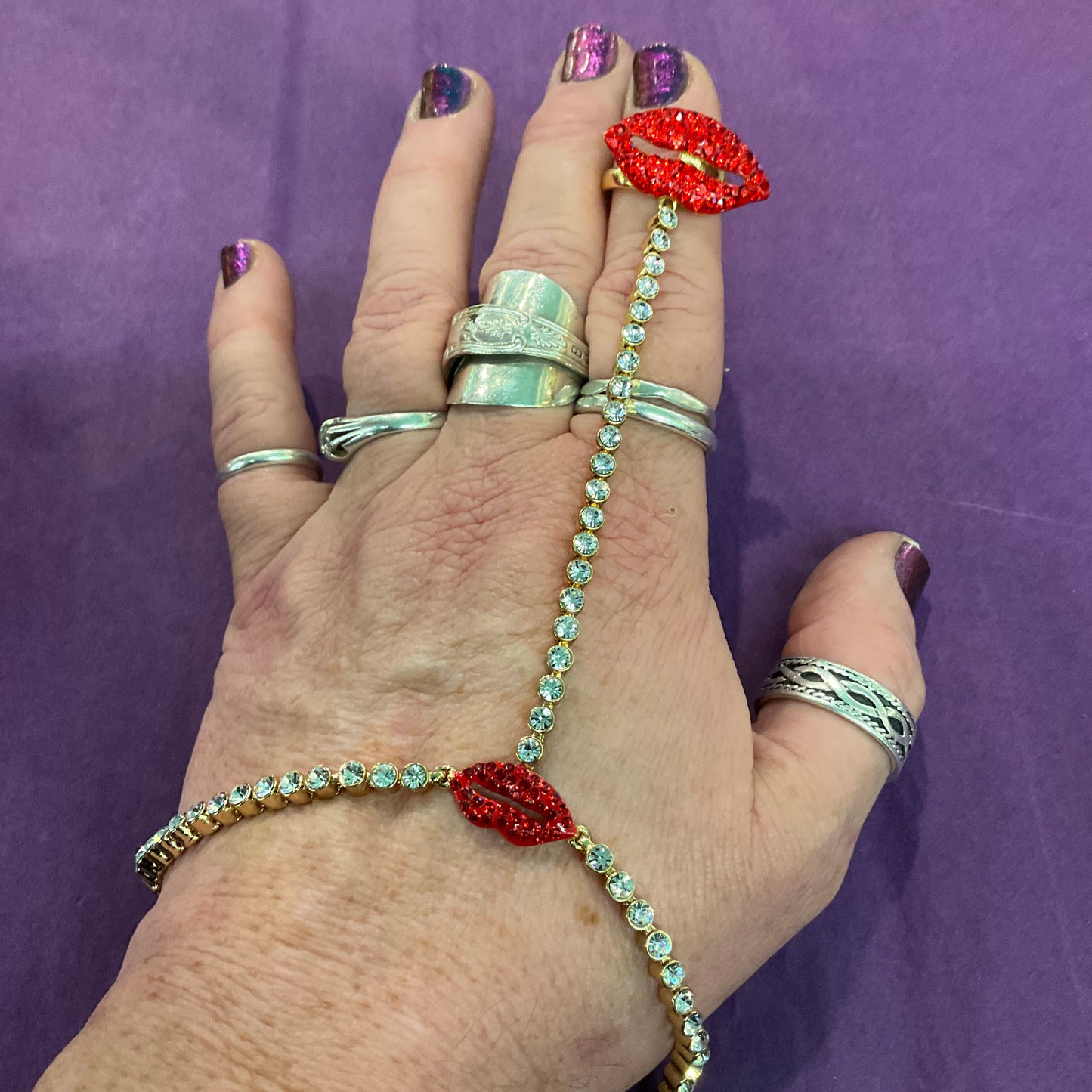 Vintage Butler and Wilson Red Lips Rhinestone Bracelet and Ring Set