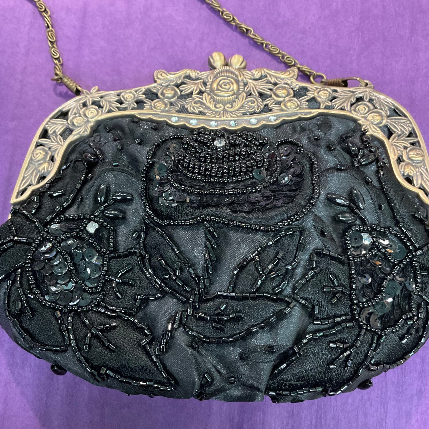 Vintage Black Satin Floral Metal Framed Evening Bag