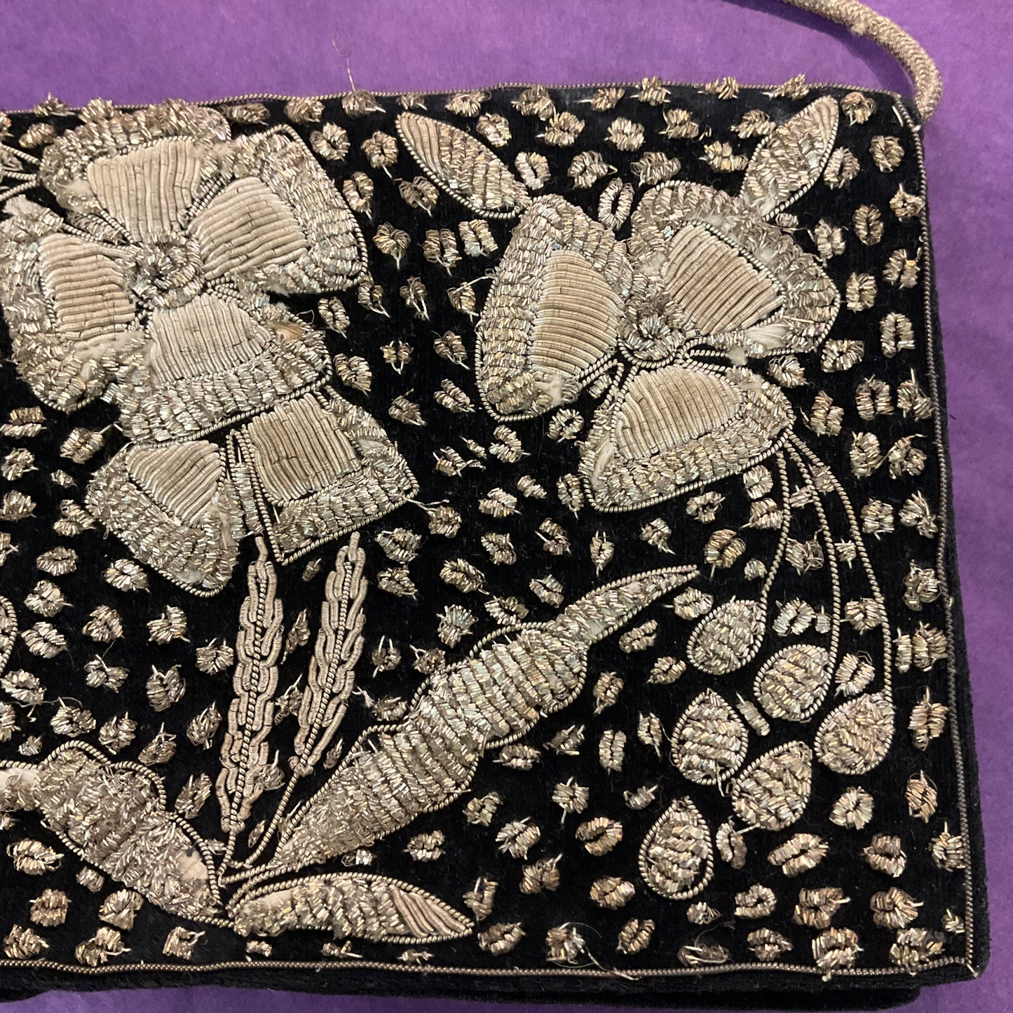 Vintage 1940s Indian Zardosi Gold Work Embroidery Black Velvet Floral Eveing Bag, gifts for her, formal event