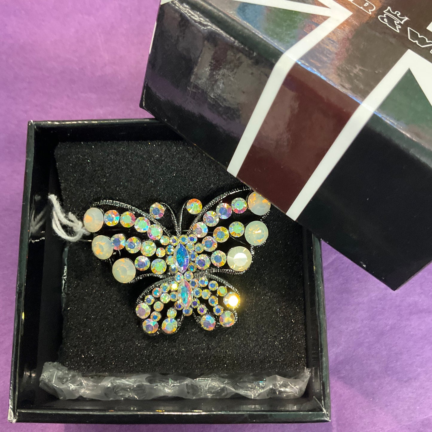 Vintage Butler and Wilson Rainbow Aurora Borealis crystal Butterfly hair clip, signed, as new, in own box, wedding.