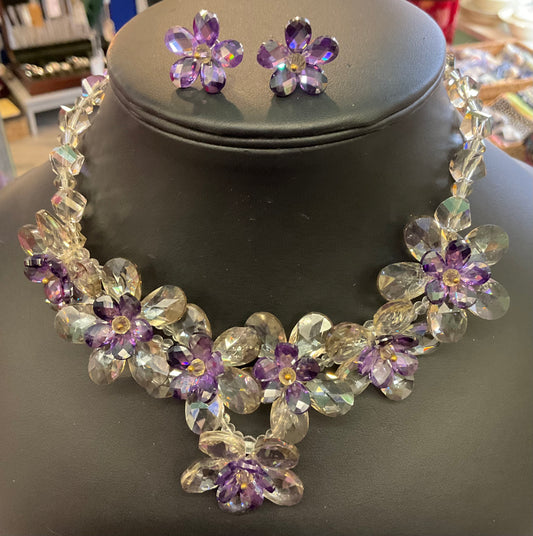 Vintage Butler and Wilson flower garland purple smoke crystal necklace and earring set. Signed and boxed. Prom, wedding.