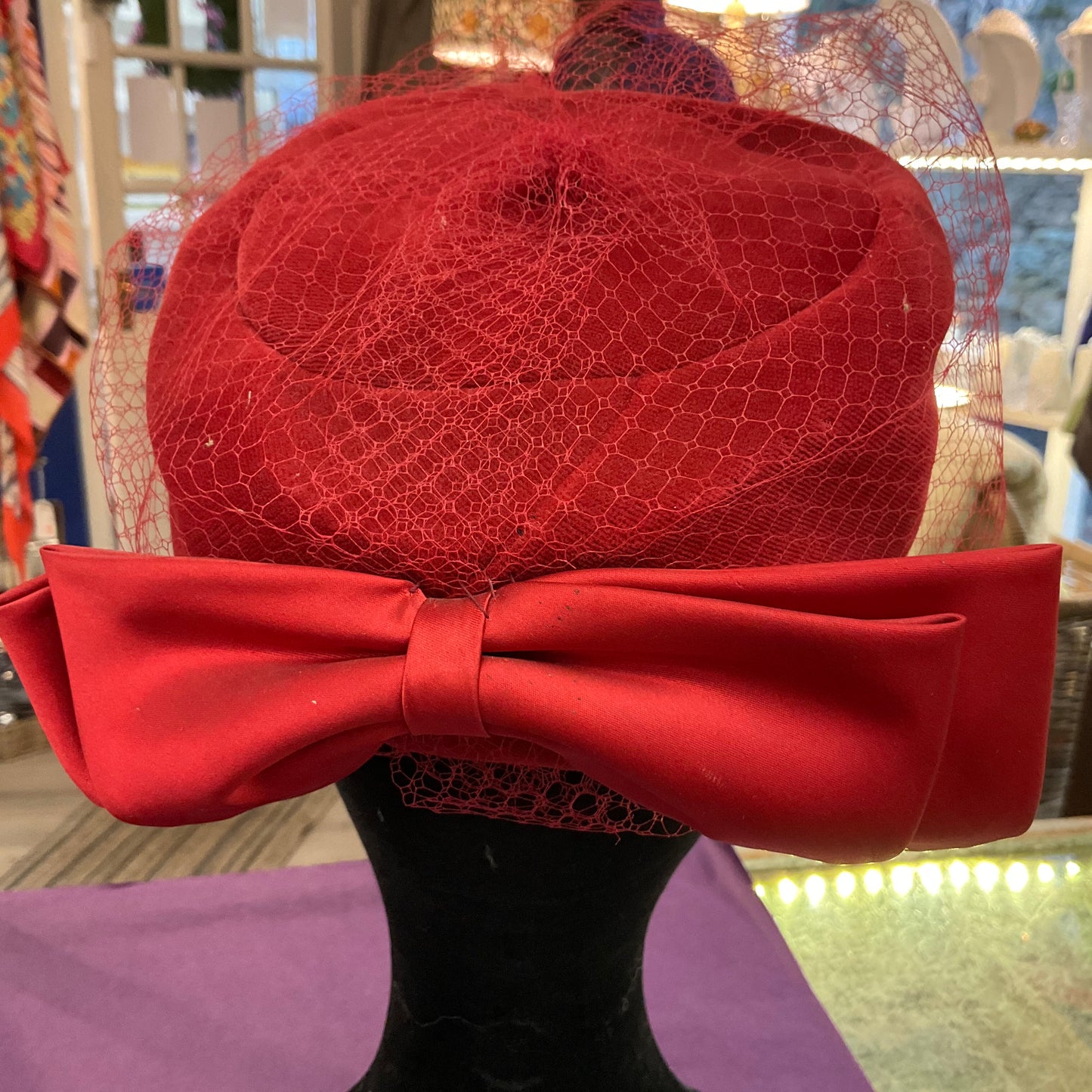Vintage 1980s Red Velvet pill box Hat with net veil and satin bow. Wedding