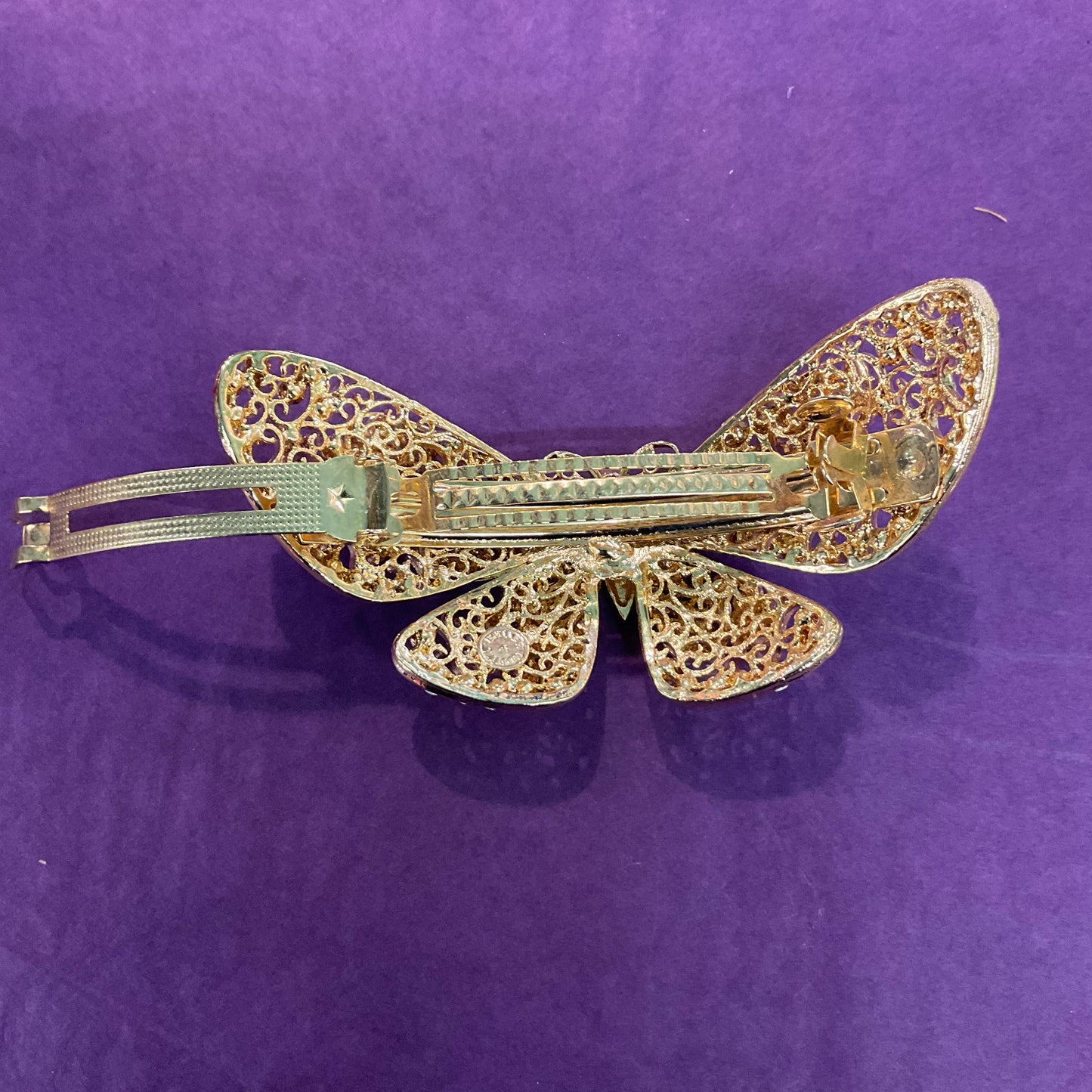 Vintage Butler and Wilson Gold Tone & Aurora Borealis Crystal Large Butterfly Barette/ Hair Clip, signed in original box, wedding, festival