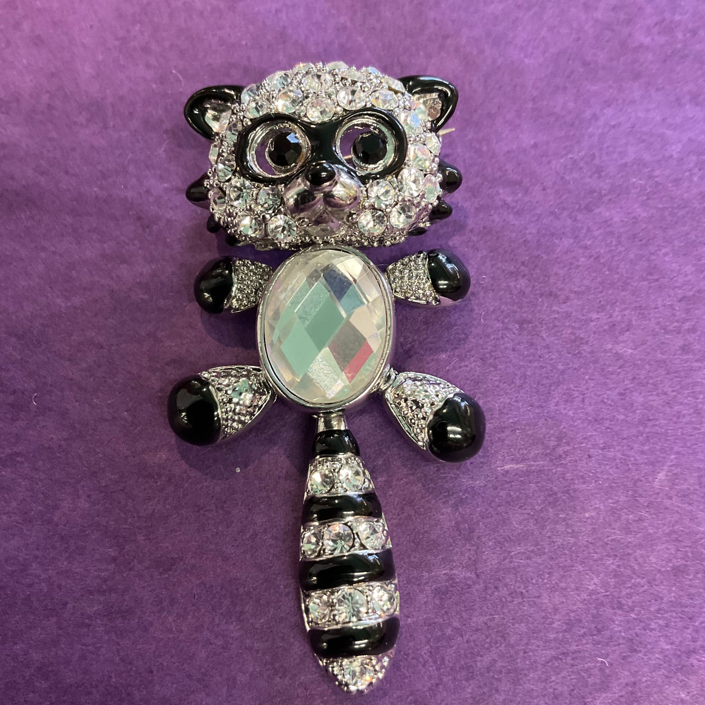 Vintage Butler and Wilson oversized Enamel and Crystal Raccoon Brooch, gift for her.