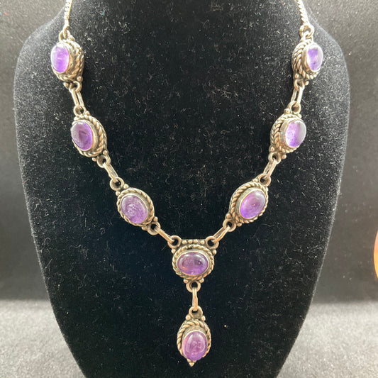 Vintage 925 Silver and Amethyst Panel Drop Necklace