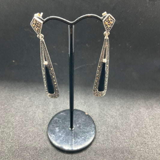 Vintage Art Deco Style Silver Marcasite and Jet Long Drop Earrings