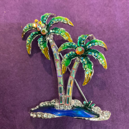 Vintage Butler and Wilson Large Rhinestone crystal and enamel palm trees brooch, summer holiday, festival, signed and in original box.