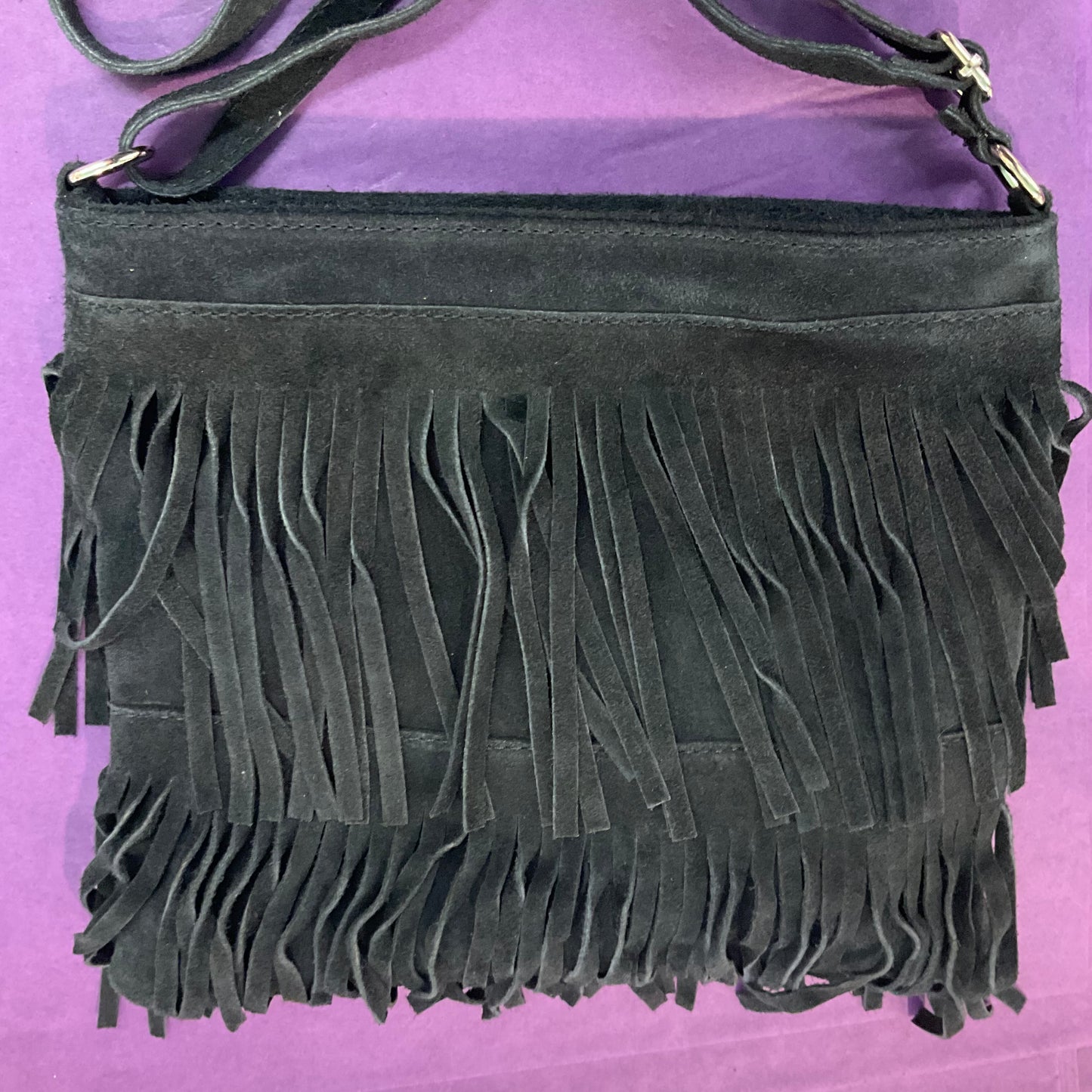 Vintage Italian Black Genuine Suede, Fringed Shoulder Bag, Lia Calia Vera Pelle, Shoulder or Cross Body, Festival, Birthday