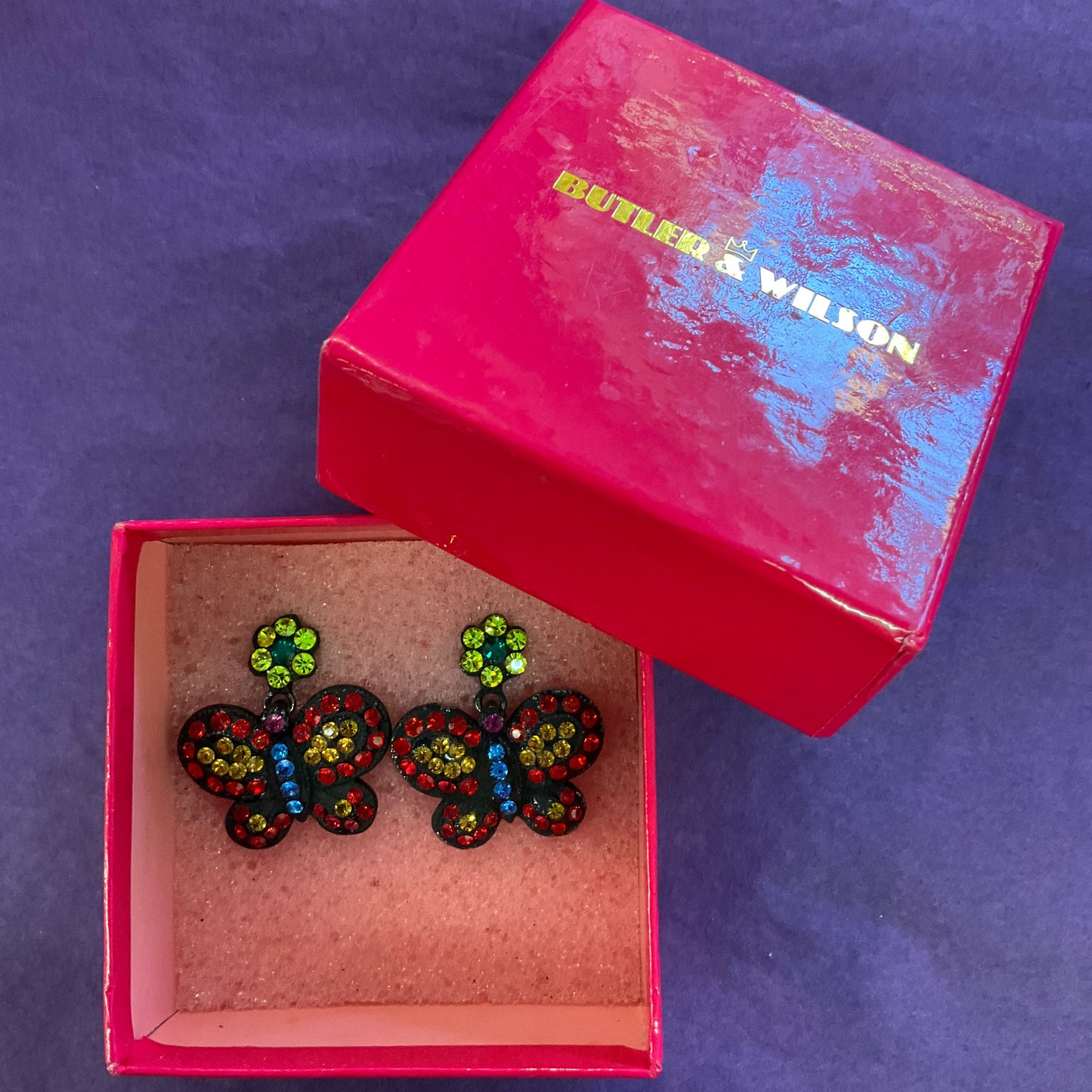 Vintage Butler and Wilson Rhinestone crystal butterfly earrings, summer pride, gifts for them.