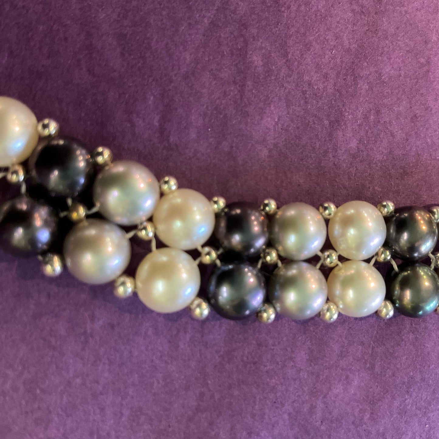 Vintage fresh water pearl monotone beaded necklace, silver (925) clasp, ivory, silver, purple, prom