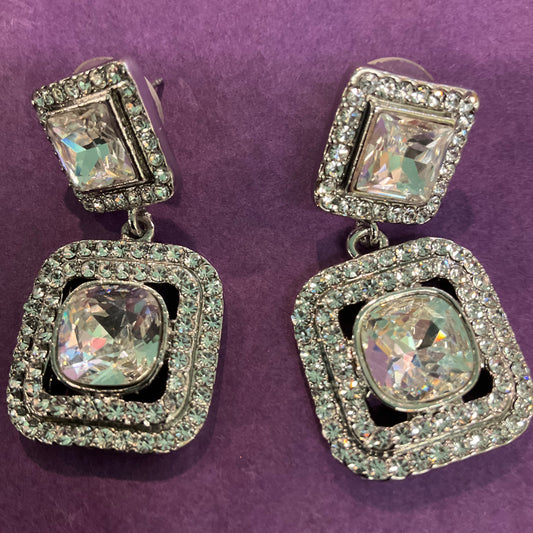 Vintage Butler and Wilson Art deco style large silver crystal rhinestone stud clasp earrings, wedding, signed, original box.