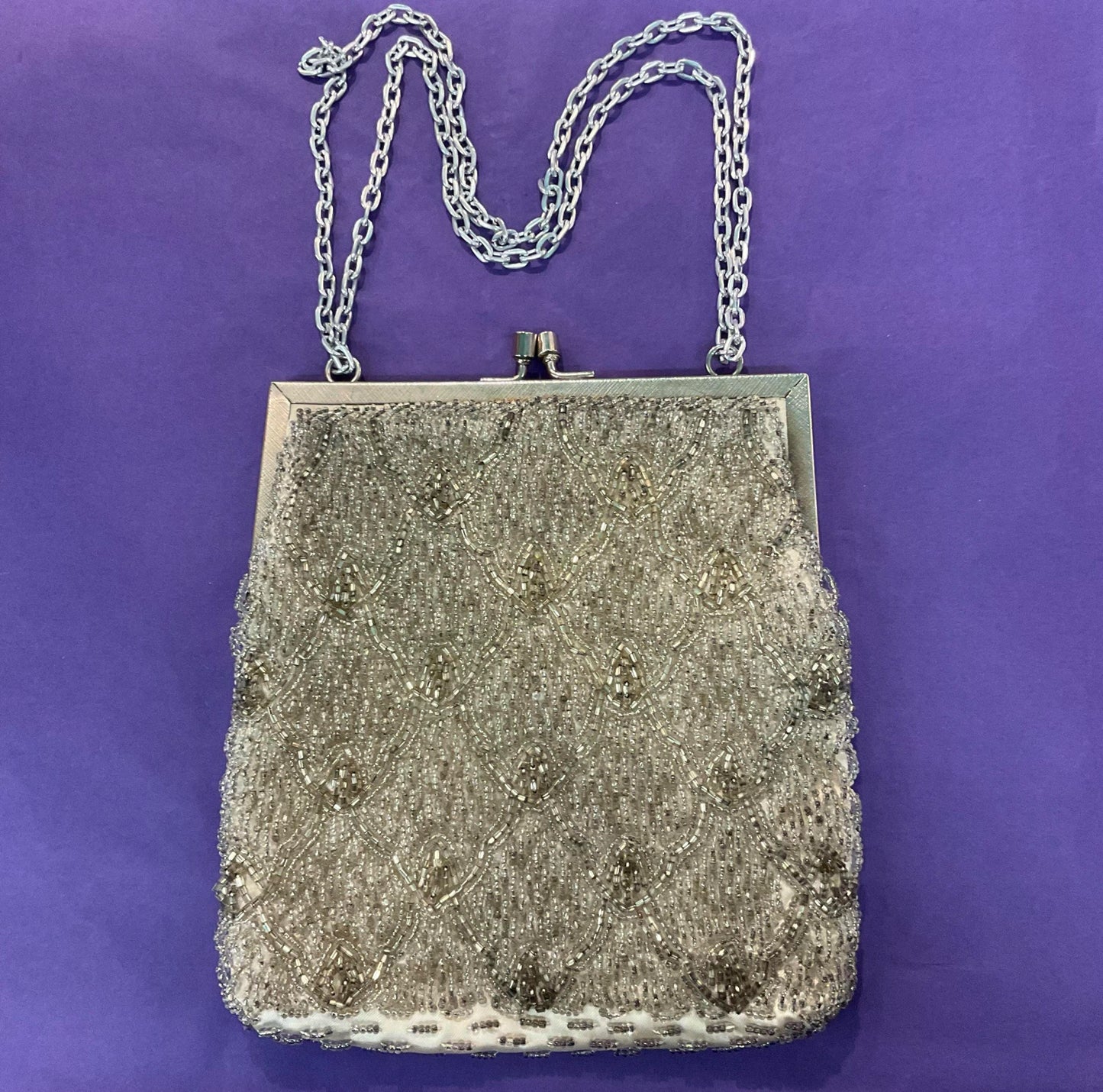 Vintage 1950s/60s silver/grey hand made Beaded evening bag by LE SOIR