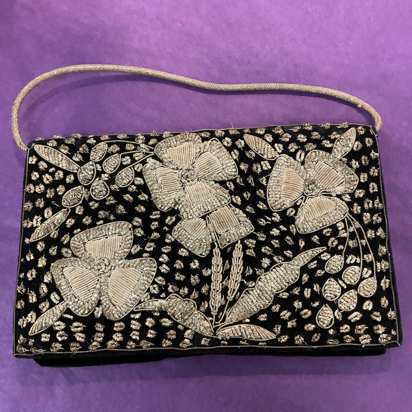 Vintage 1940s Indian Zardosi Gold Work Embroidery Black Velvet Floral Eveing Bag, gifts for her, formal event