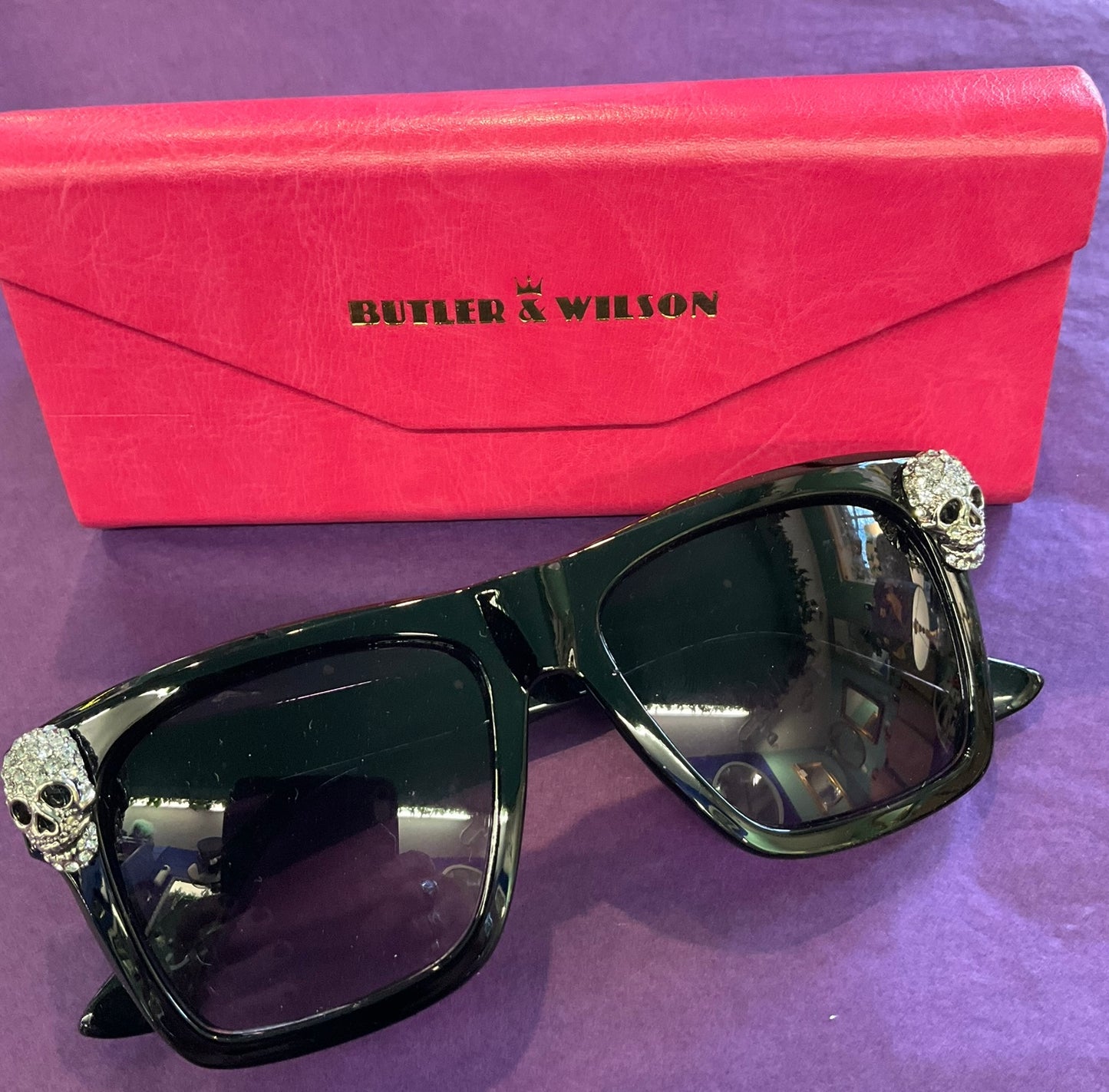 Vintage Butler and Wilson Silver Crystal Skull Oversized Black Sunglasses , Oh Sweet Sunglasses, signed in original box, birthday