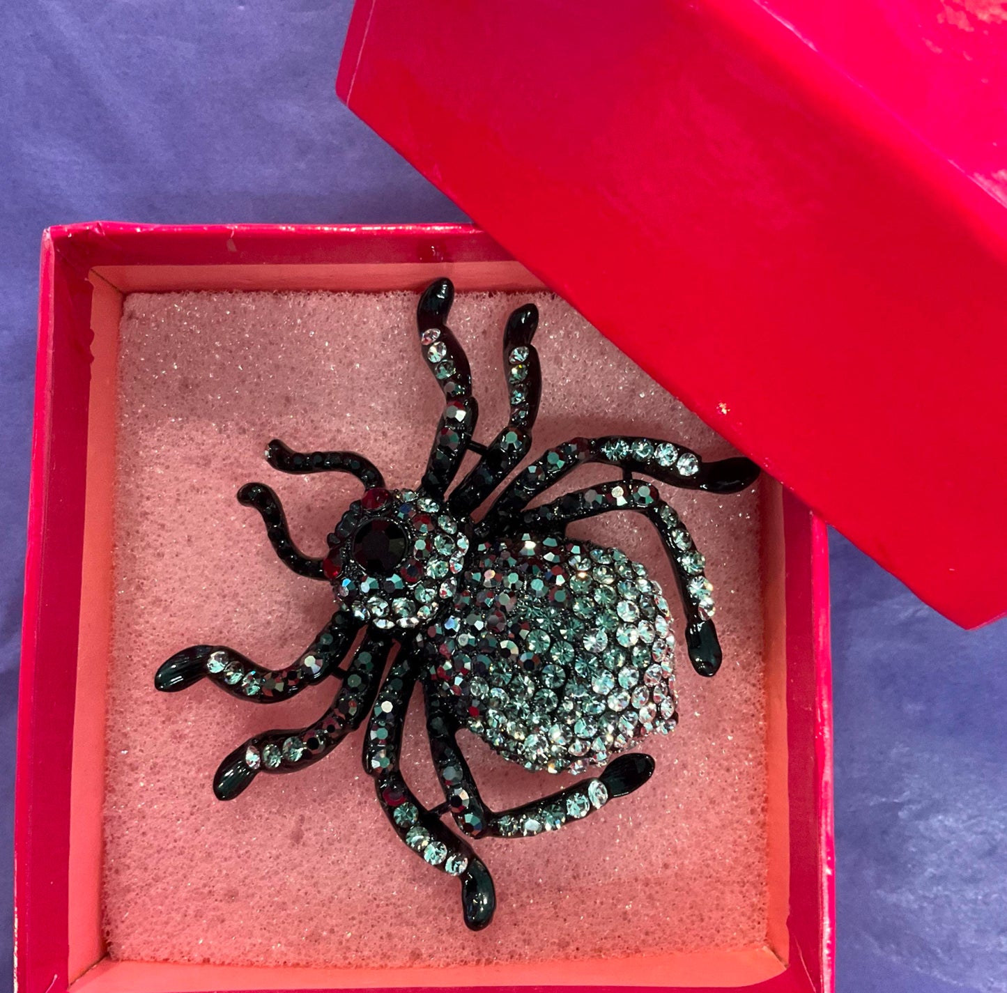 Butler and Wilson large rhinestone crystal black and silver spider brooch, as new in original box.