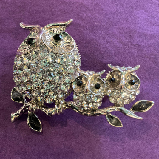 Vintage Silver Tone Rhinestone Crystal Owl Family Brooch, Owl lover gift, birthday