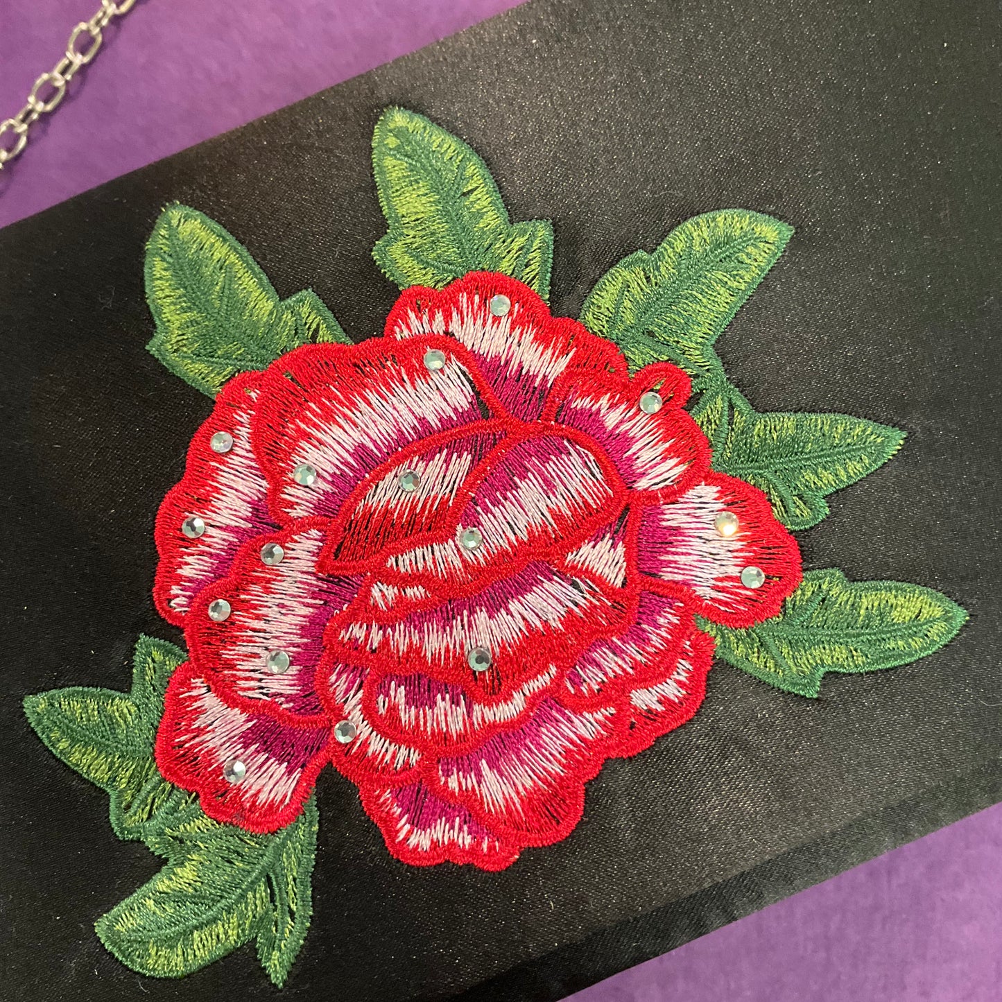 Vintage Black Satin And Embroidered Red Rose Clutch/Shoulder Bag