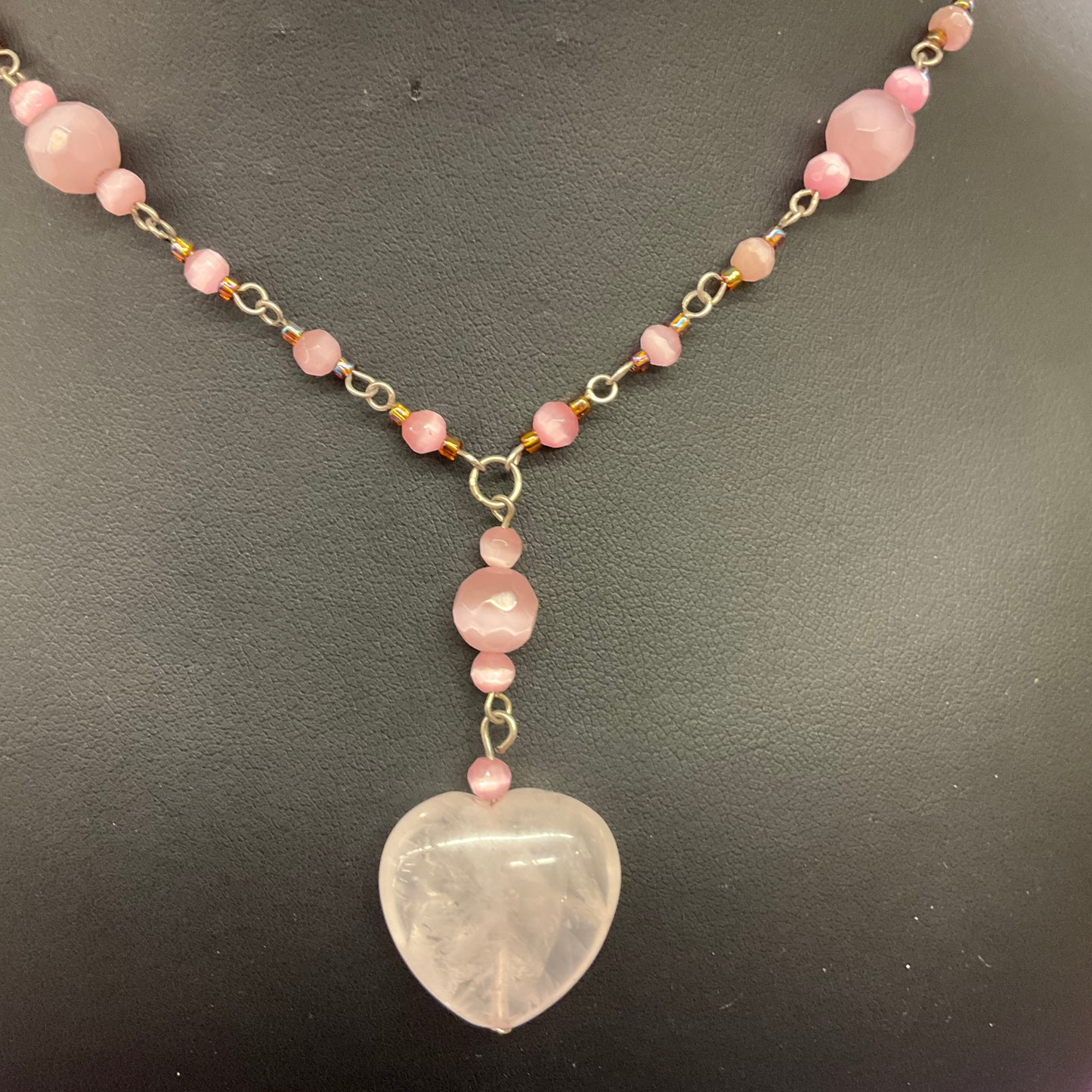 Vintage Butler and Wilson Rose Quartz Gemstone Heart & pink Crystal Beaded Necklace , signed, as new, Summer holiday , wedding, festival