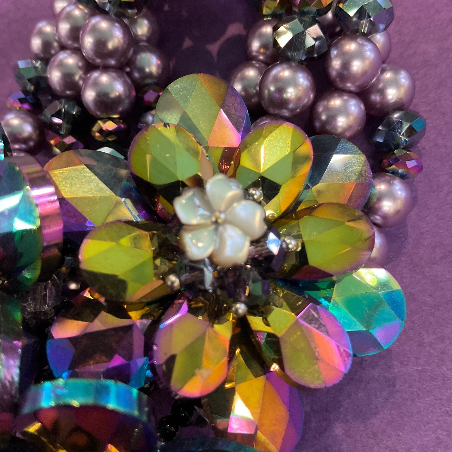 Vintage Statement Butler and Wilson Purple/rainbow faceted crystal and faux pearl beaded flower bracelet