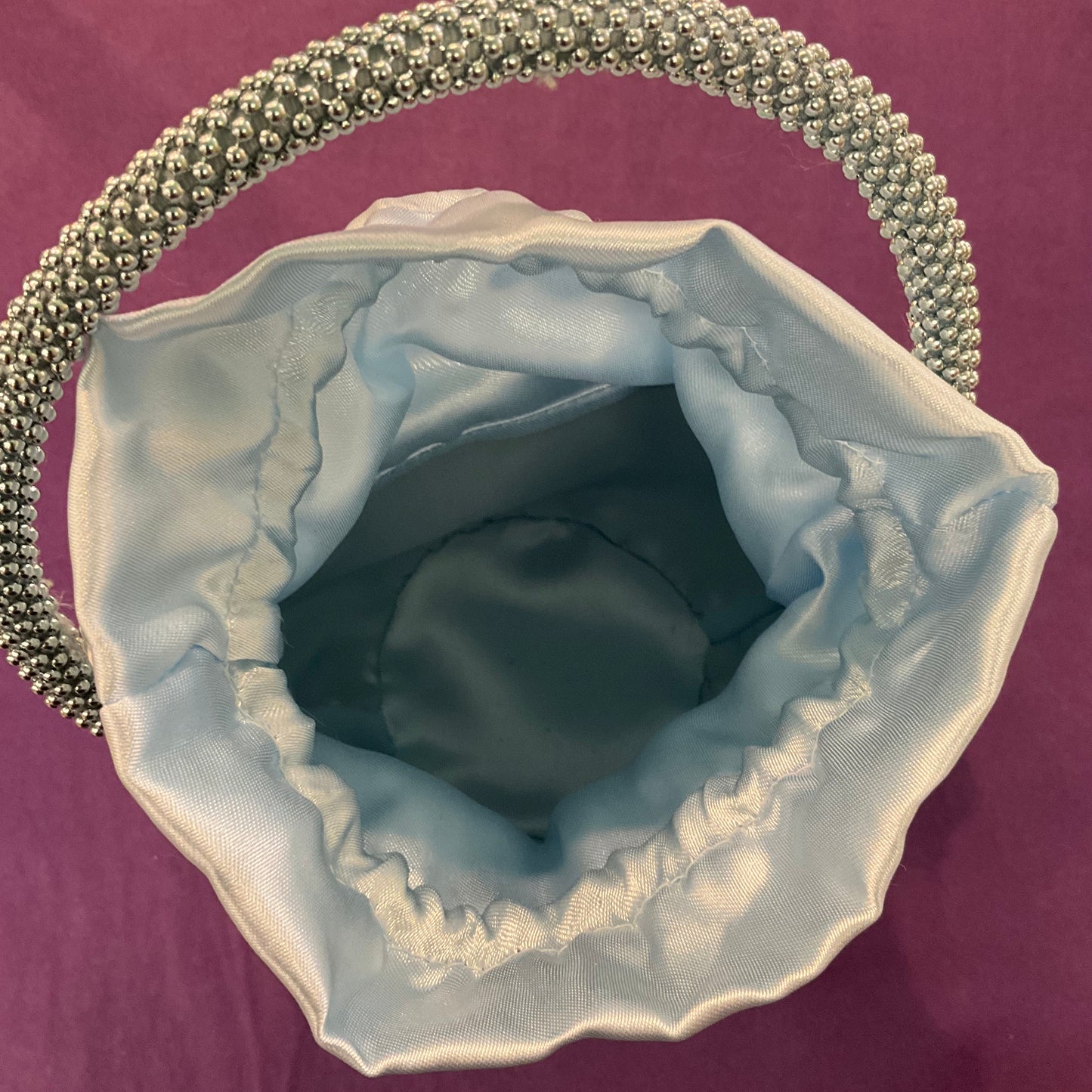 Vintage pale blue metallic beaded satin evening bag, Artistic pearl by IberBolos, bucket back style with drawstring fastening. Unused with tags.