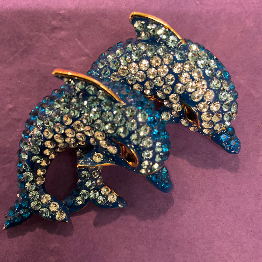 Vintage Butler and Wilson Blue Crystal Dolphin large brooch, Crystal rhinestone