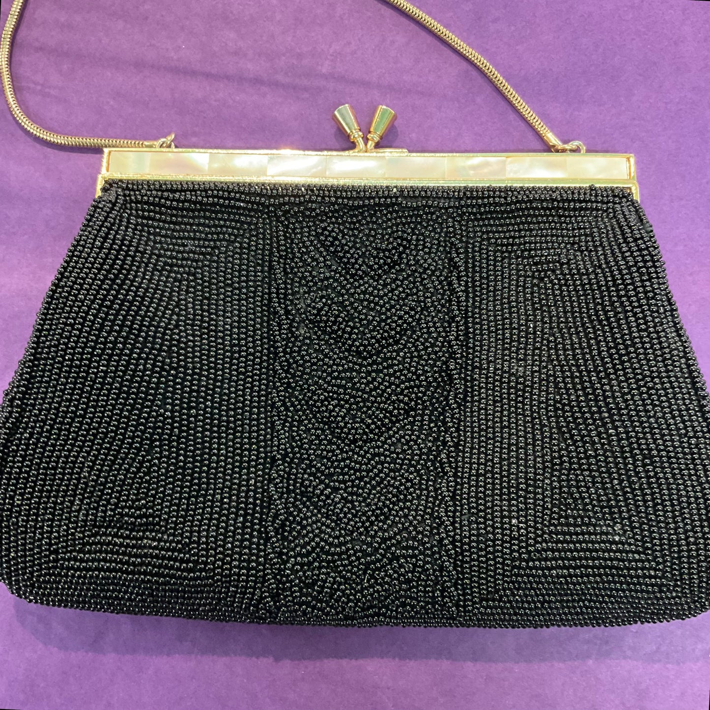 Vintage 1950s Black and Gold Beaded cocktail bag, Mother of Pearl frame, formal event, ladies night.