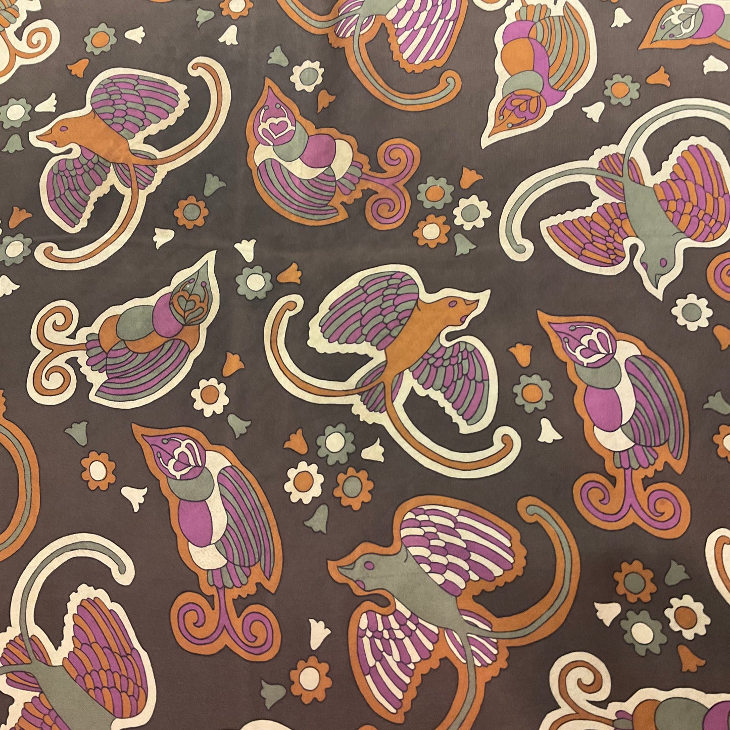 Vintage 1960s/70s Pure Silk Scarf, Birds and Floral Print, Made in England, Browns and Purples, Gifts for her