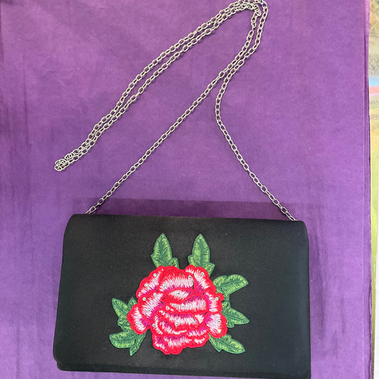 Vintage Black Satin And Embroidered Red Rose Clutch/Shoulder Bag