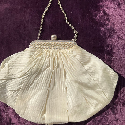 Antique Silk and Rhinestone Ivory Evening Bag