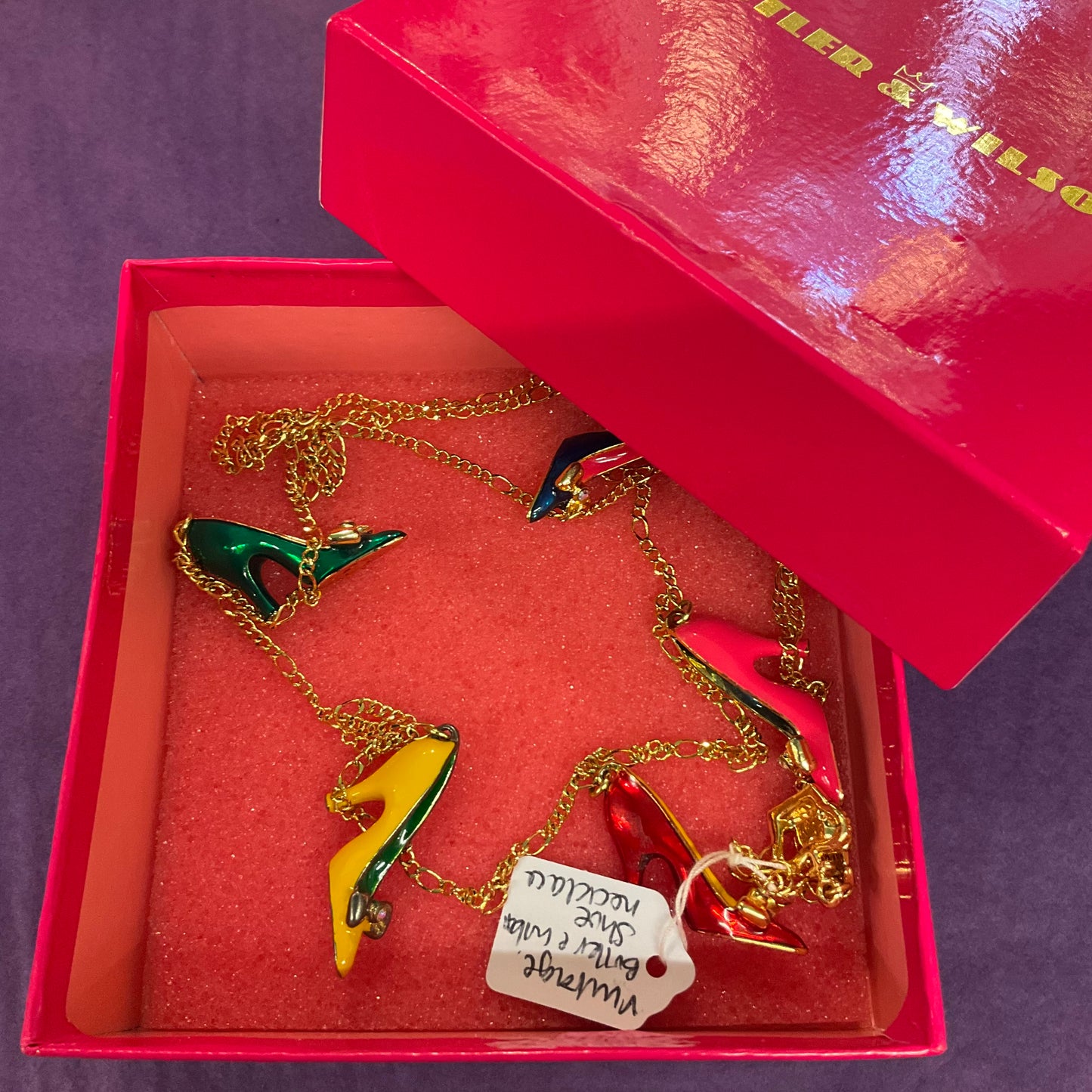 Vintage Butler and Wilson Disney Princess Rainbow Enamel Shoes Flapper Length Gold Tone Charm Necklace , Signed in original box, Birthday