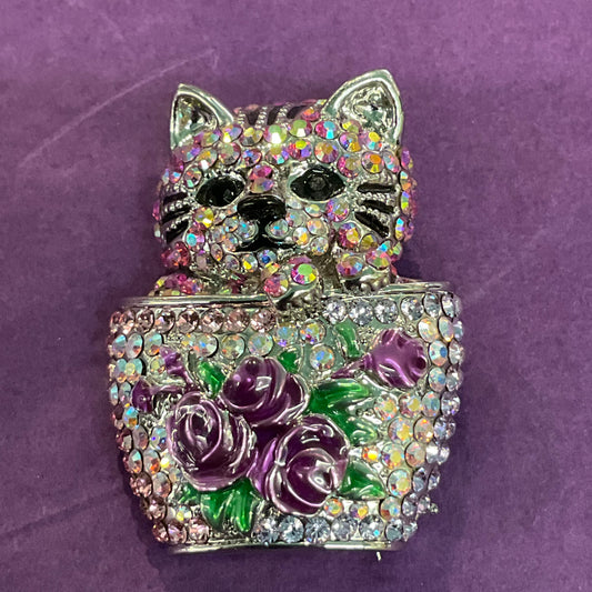 Vintage Butler and Wilson large silver tone Aurora Borealis rhinestone cat in a rose pot brooch, birthday, cat lover gift.