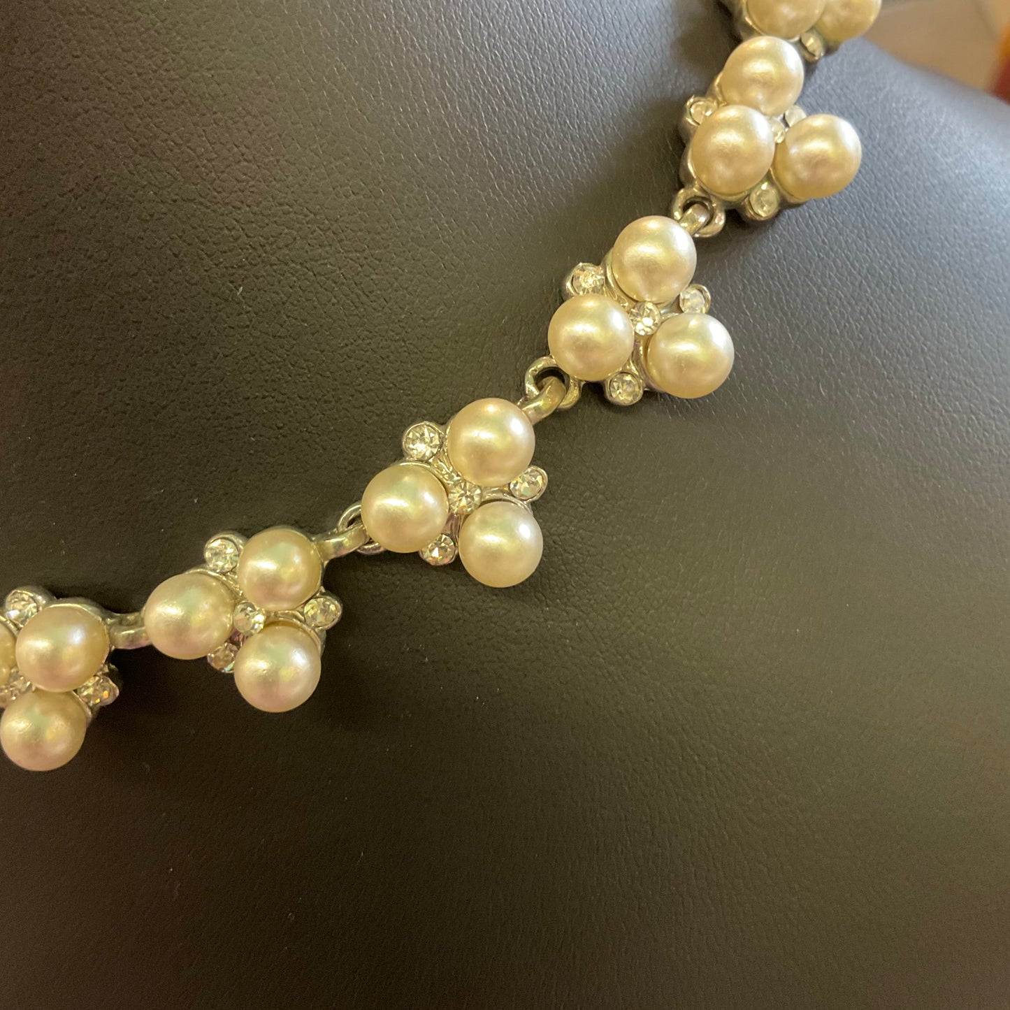 Vintage faux Pearl and rhinestone beaded necklace and bracelet set. Wedding prom