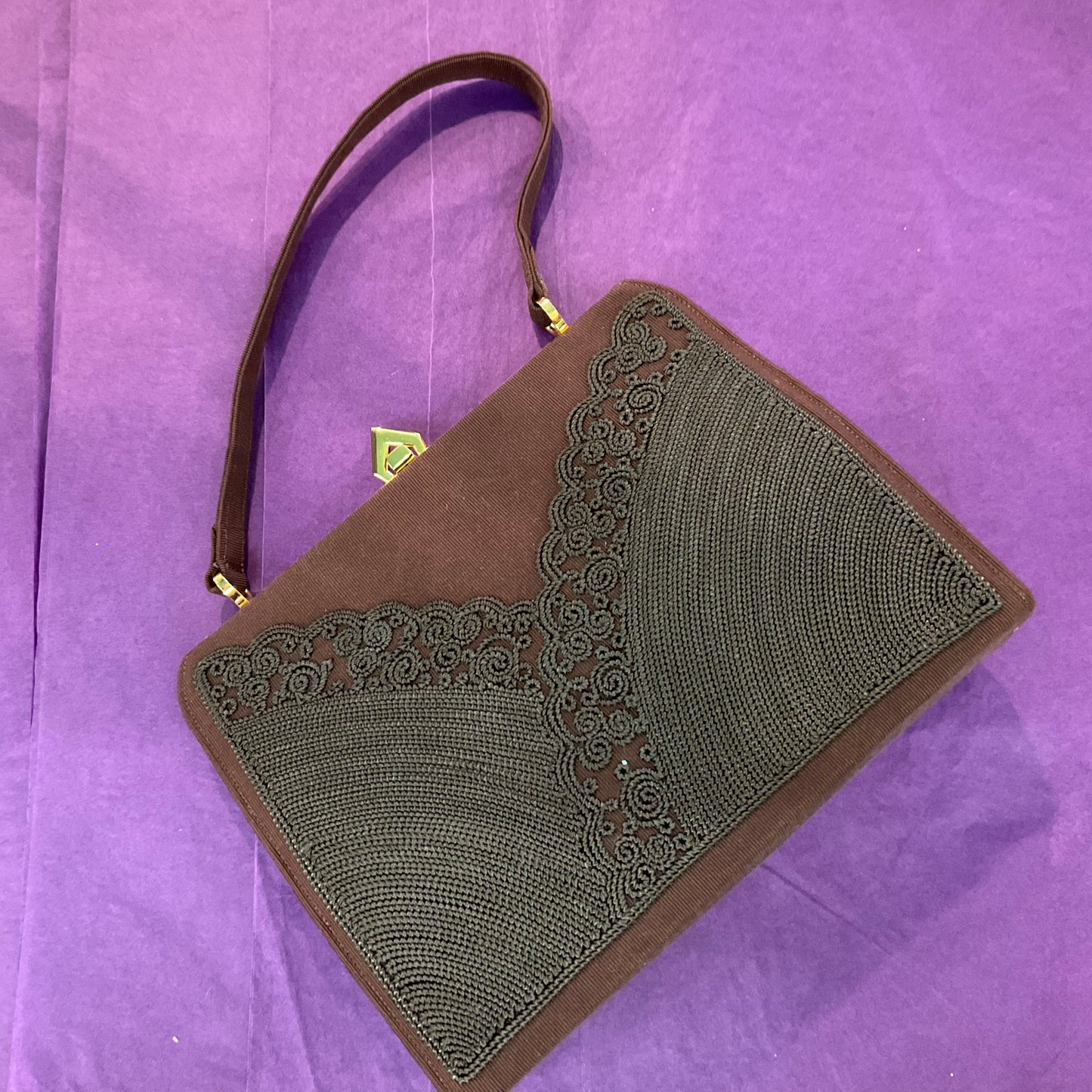 Vintage 1950s Brown Grosgrain Lace Trim ‘Kelly’ shape handbag by RUSSELL, Made in England , Gifts for Her, Wedding