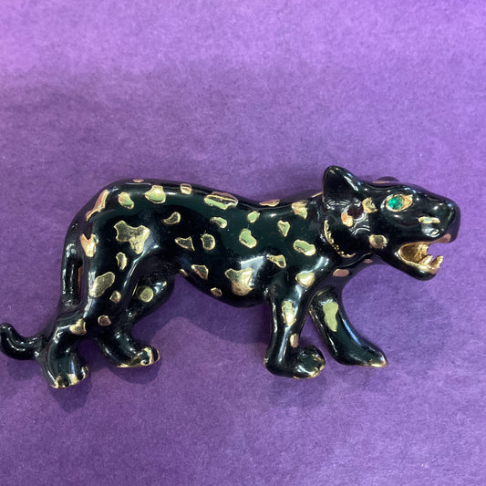 Vintage 1980s Large Black and Gold Panther enamel Brooch, prom, gift for them.