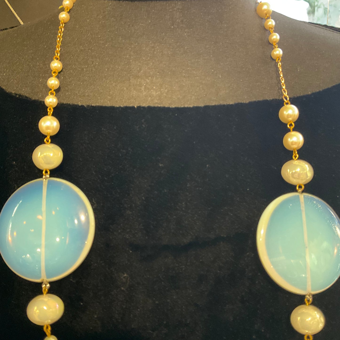 Vintage Butler and Wilson Oversized Long Faux Pearl Milk Glass and Opalite Necklace