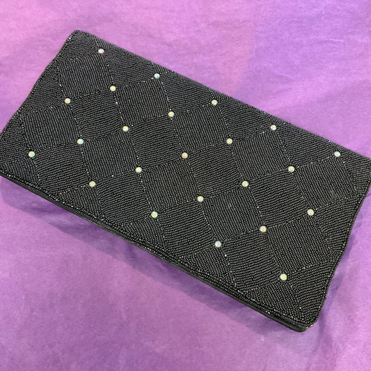 Vintage French 1940s/50s Black Beaded Clutch Bag with Borealis Crystals, Wedding, prom, formal event