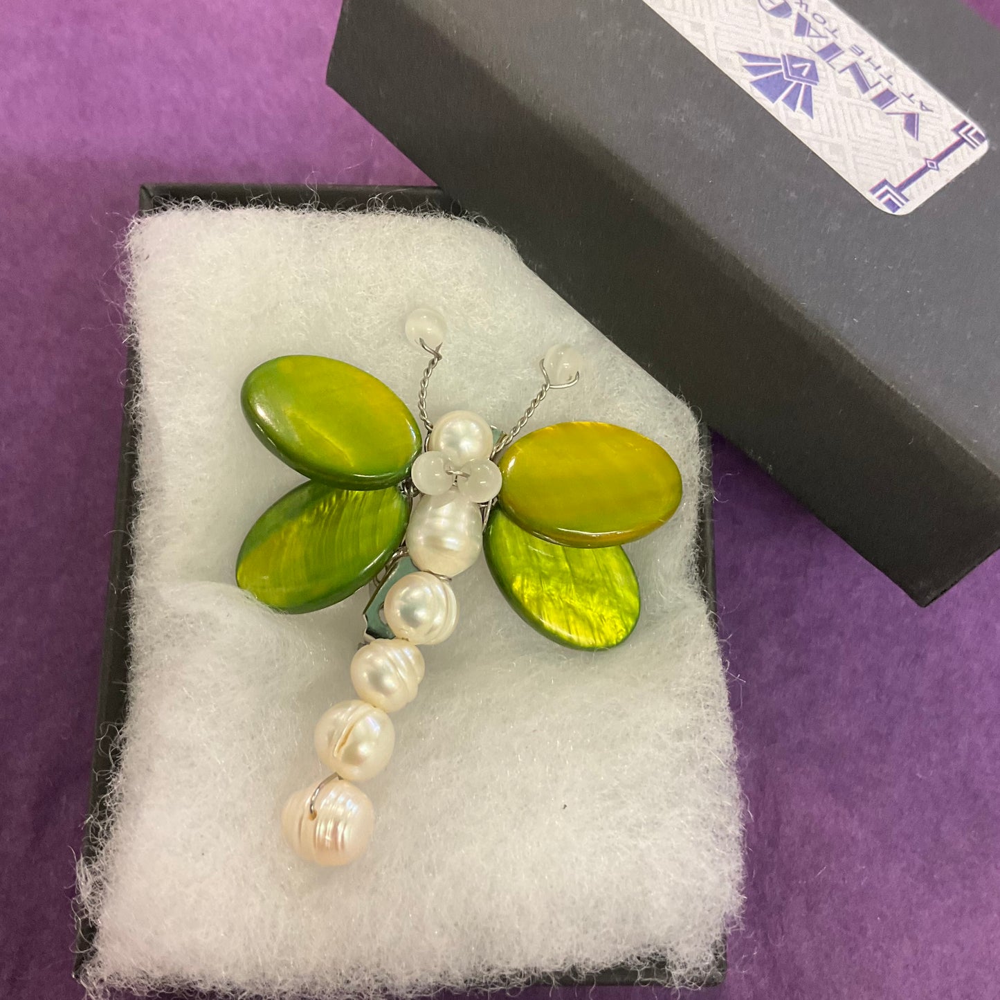 Vintage Butler and Wilson fresh water Pearl and green gemstone butterfly brooch, signed, as new, summer festival, holiday, wedding.