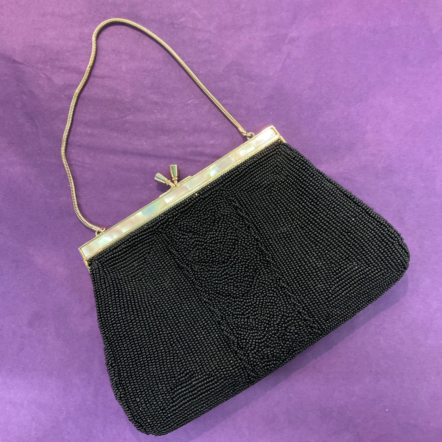 Vintage 1950s Black and Gold Beaded cocktail bag, Mother of Pearl frame, formal event, ladies night.