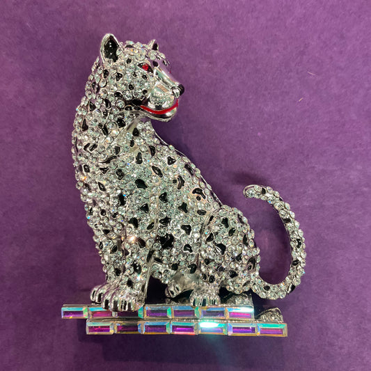 Vintage Butler and Wilson art deco style large silver Rhinestone crystal Leopard Brooch. Signed in original box, big cat jewellery.