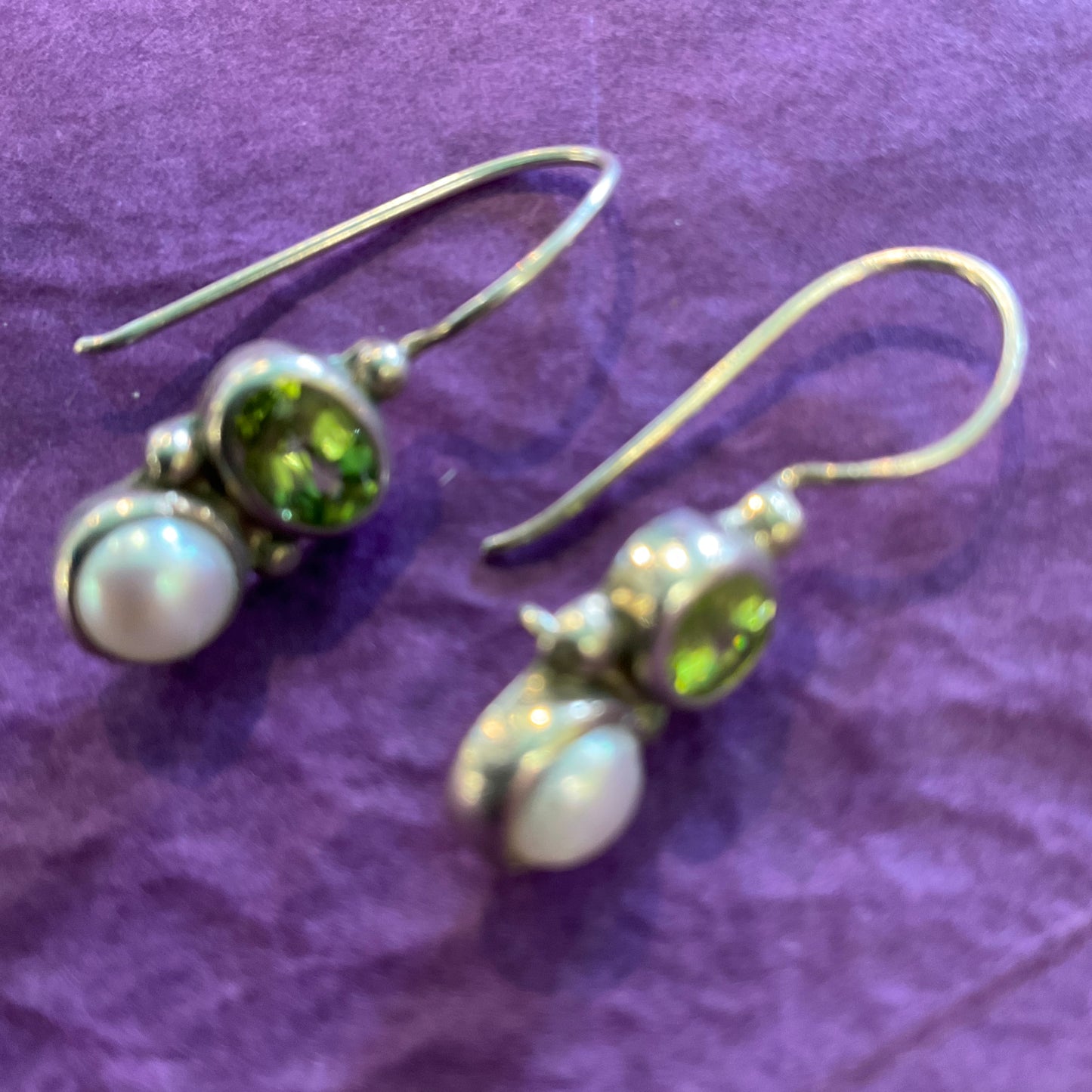 Vintage Silver (925), Peridot Gemstone and Fresh Water Pearl Drop Earrings , Birthday gift, gift for mother, August Birthday