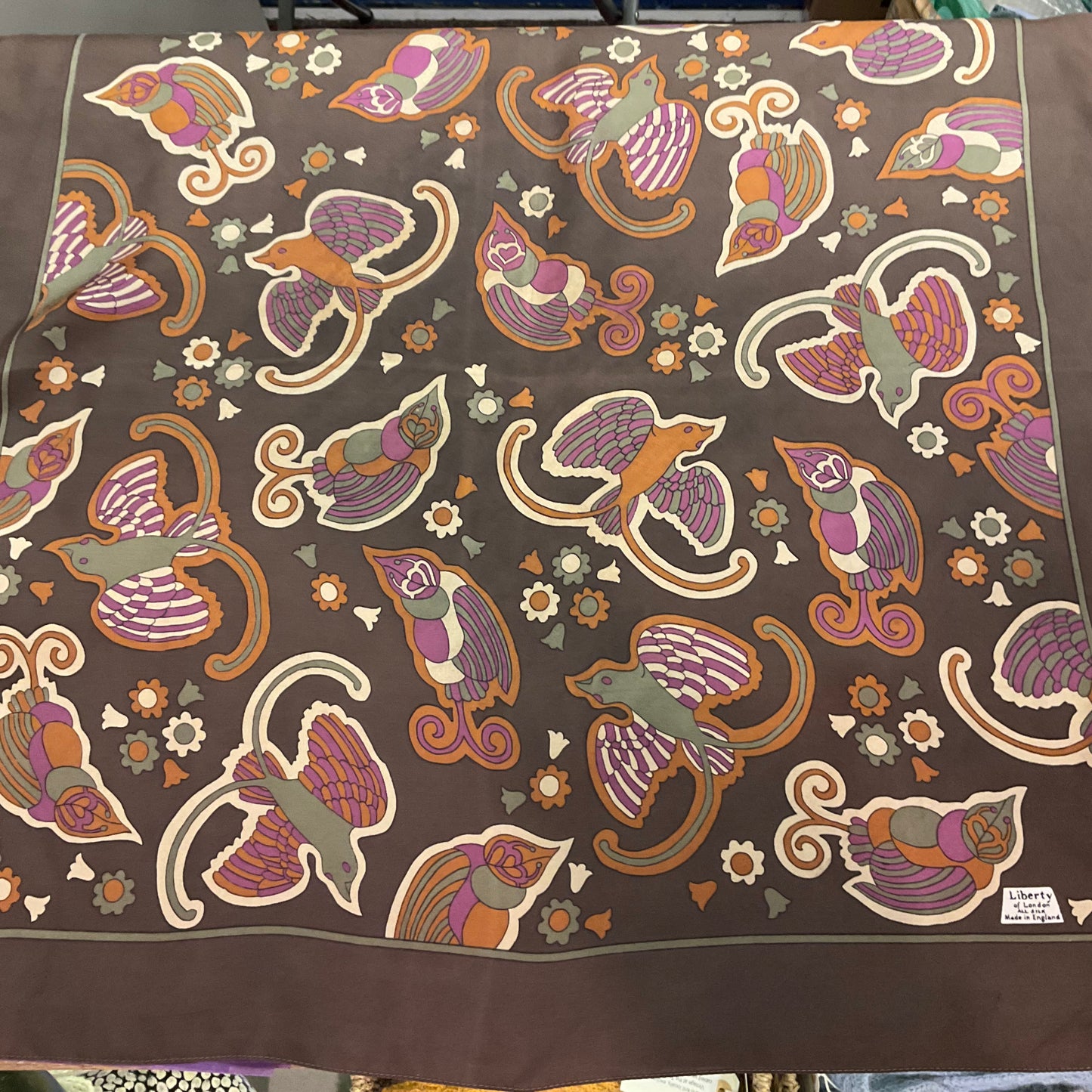 Vintage 1960s/70s Pure Silk Scarf, Birds and Floral Print, Made in England, Browns and Purples, Gifts for her