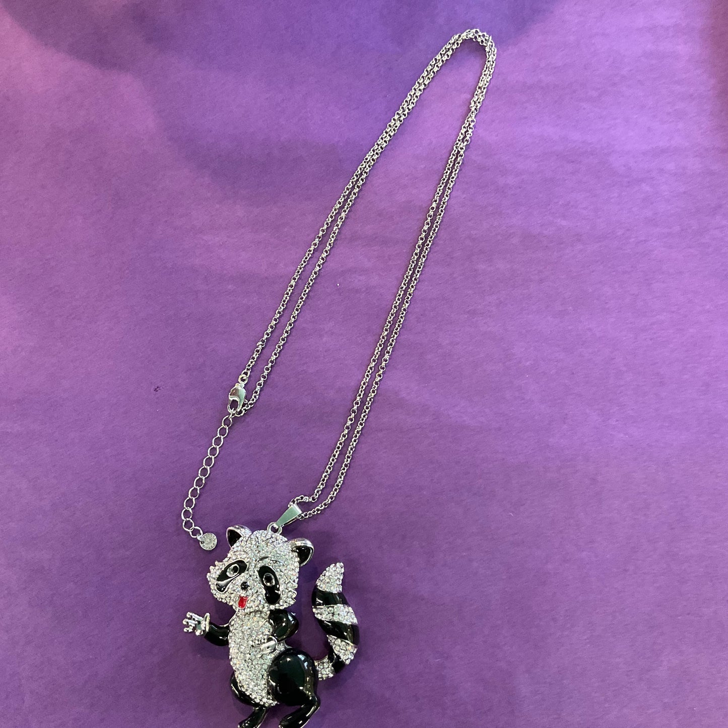 Vintage Quirky Butler and wilson oversized Rhinestone and enamel Raccoon pendant, signed. Gift for her