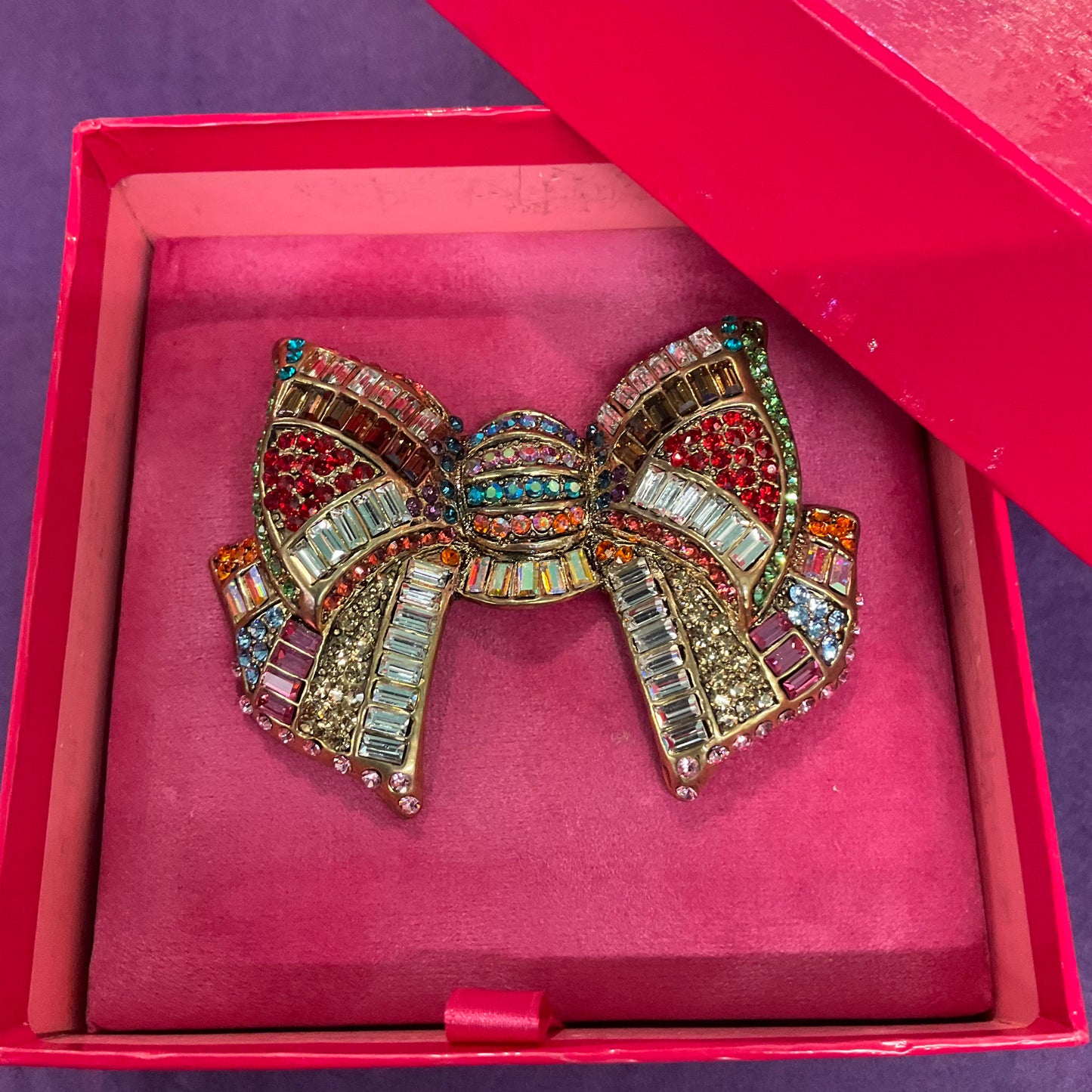 Vintage Butler and Wilson Large Art Deco Style Rainbow Crstal Bow Brooch, Signed in original box, Gifts for Them , friend Birthday