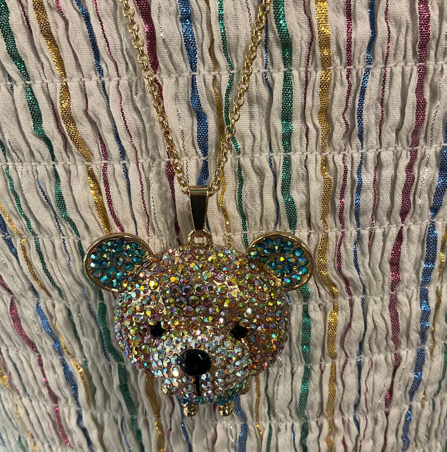 Vintage Butler and Wilson Quirky Rainbow Borealis Crystal Teddy Bear long Pendant, Signed in original box, Birthday Gift