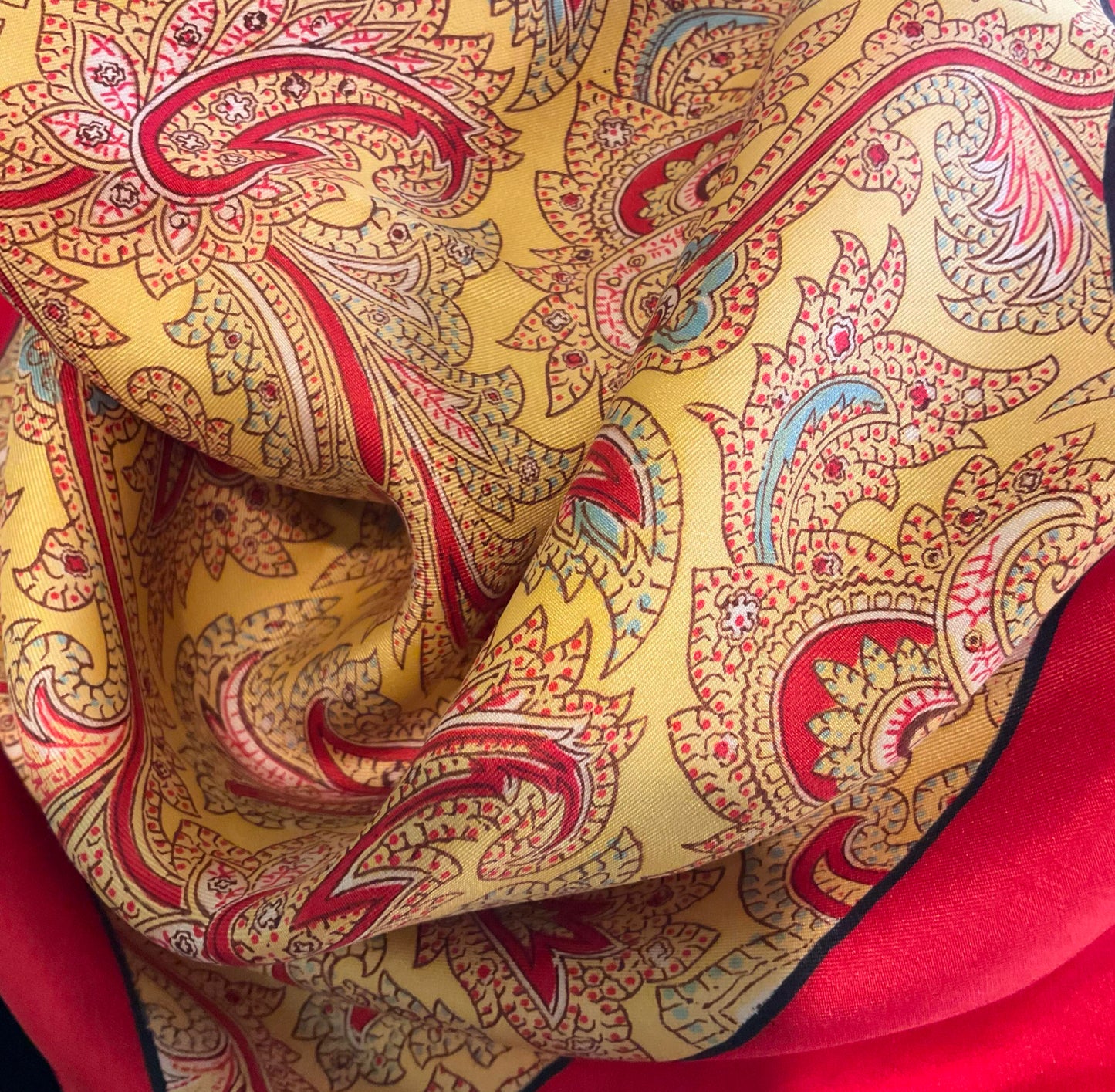 Vintage 1940/50s liberty pure silk scarf, made in England, gold and red paisley print.